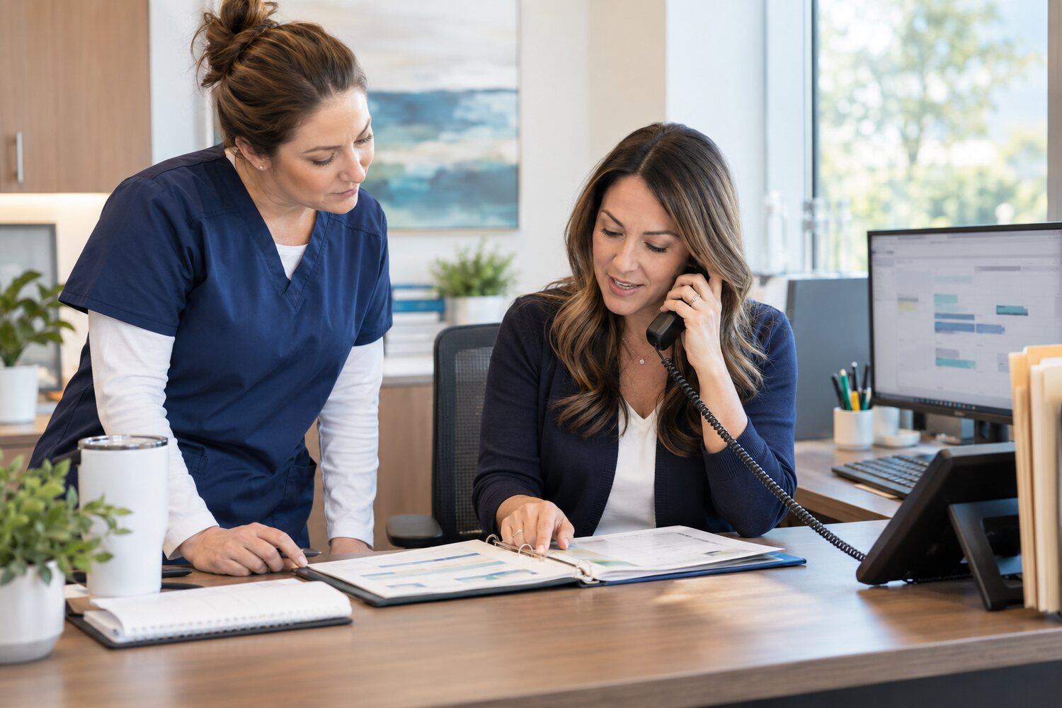 A perioperative coordinator and nurse working together while speaking by phone