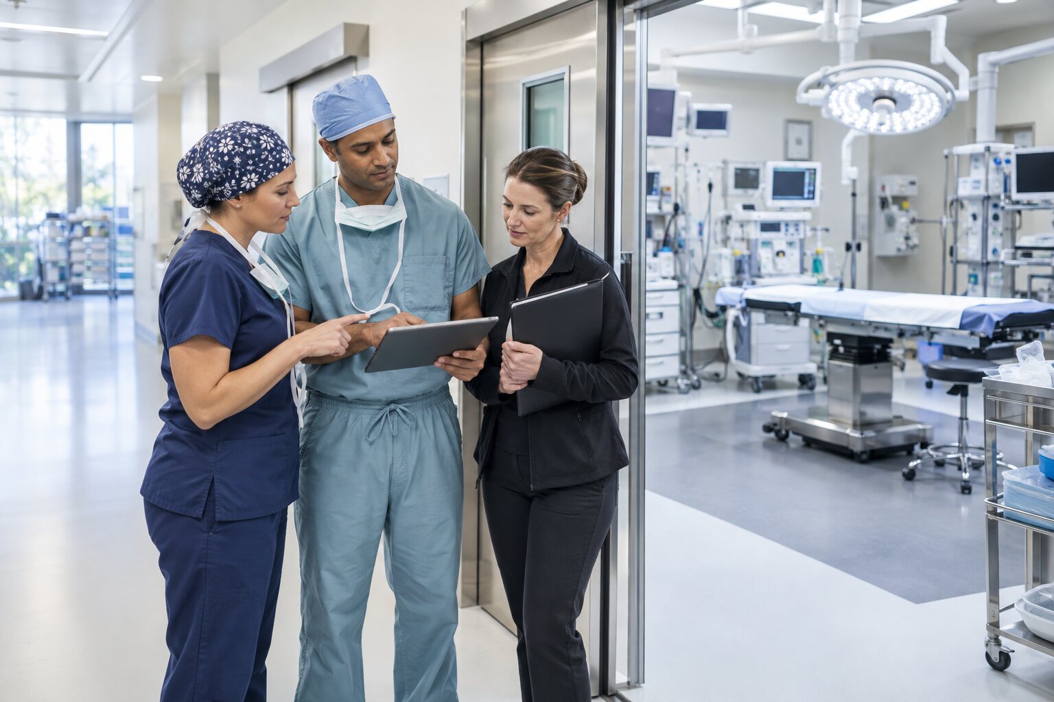 A perioperative team reviewing readiness outside a prepared operating room