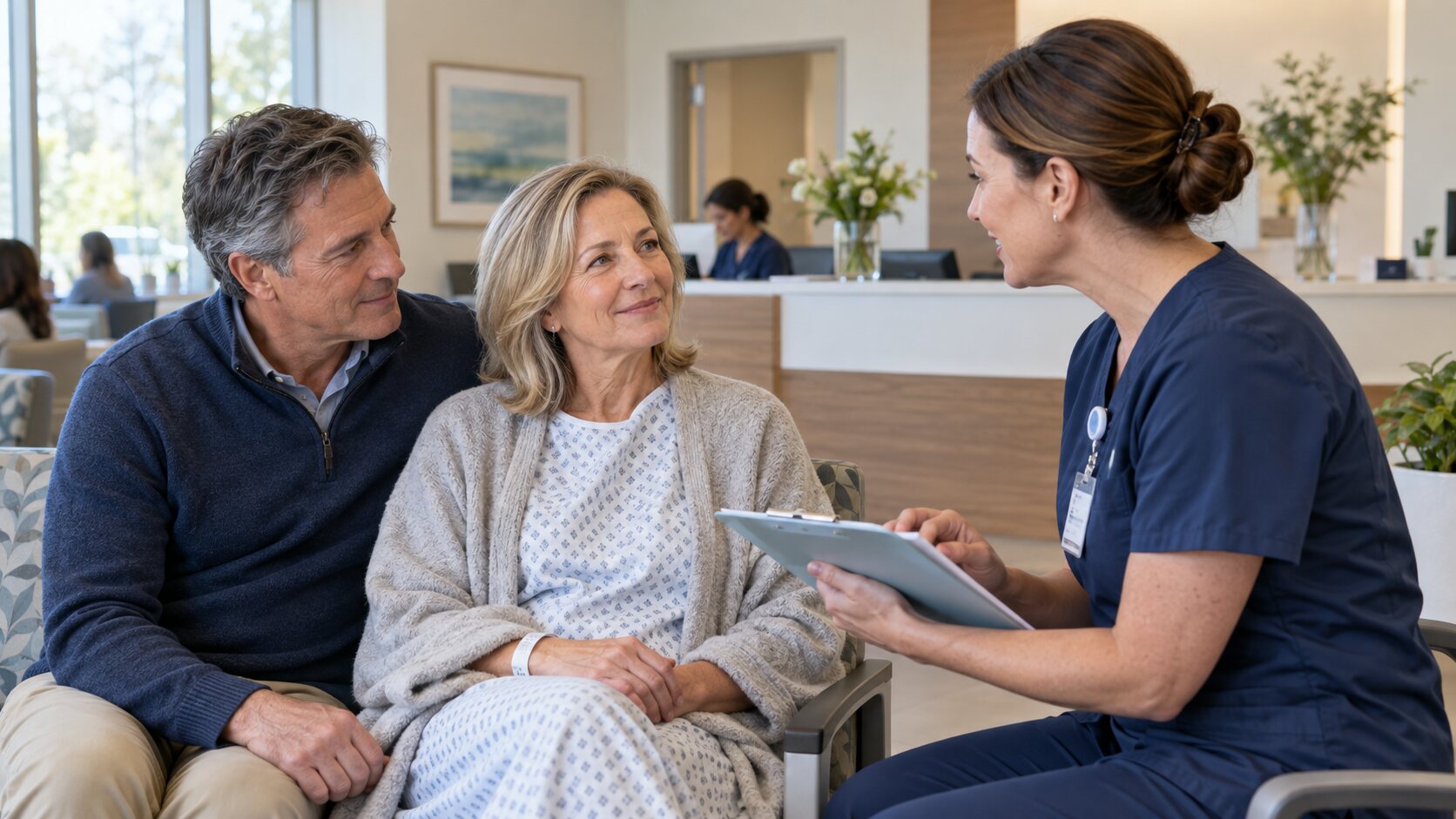 A patient and family member receiving preoperative guidance from a nurse