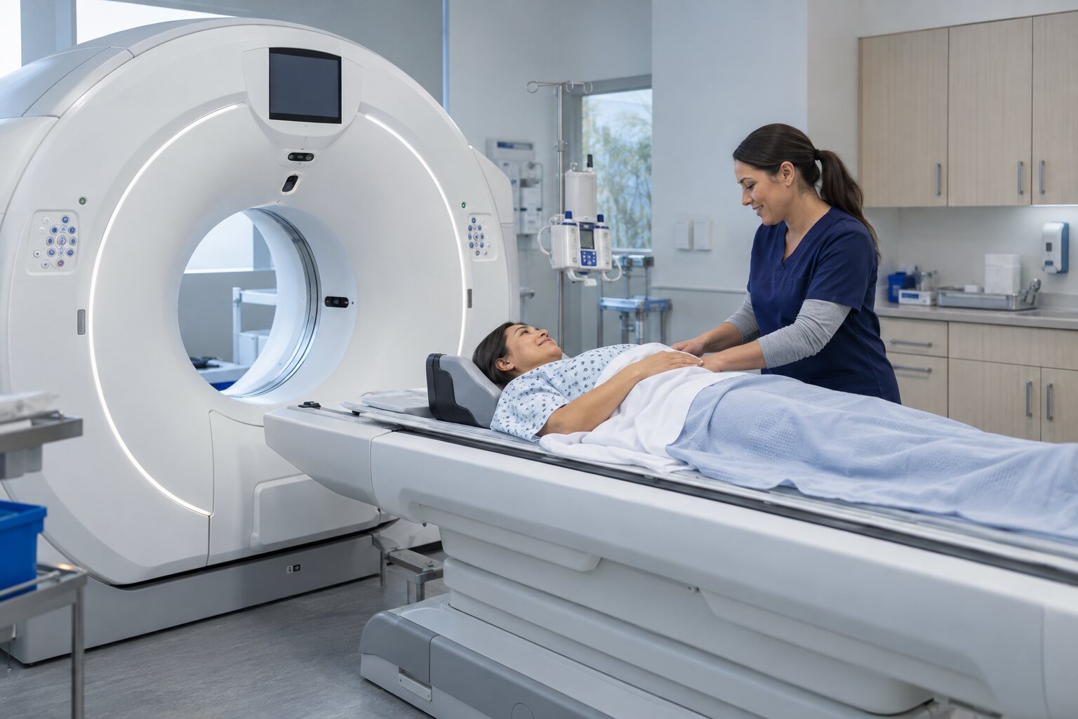 A patient being prepared for diagnostic imaging