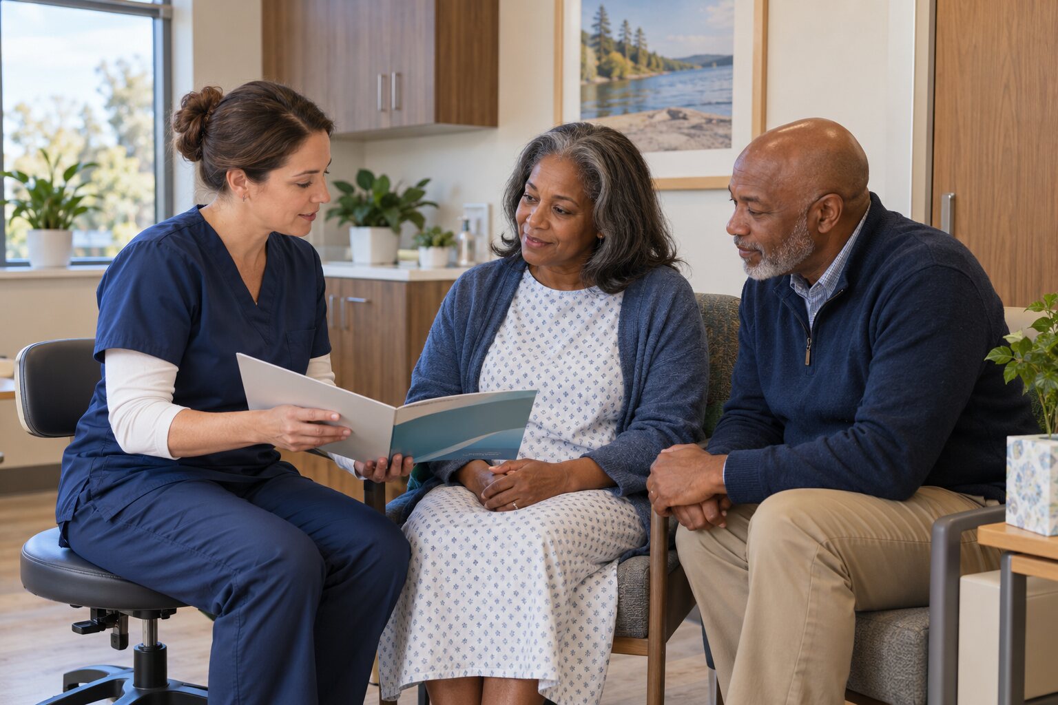 A patient and family member reviewing preparation for surgery with a clinician