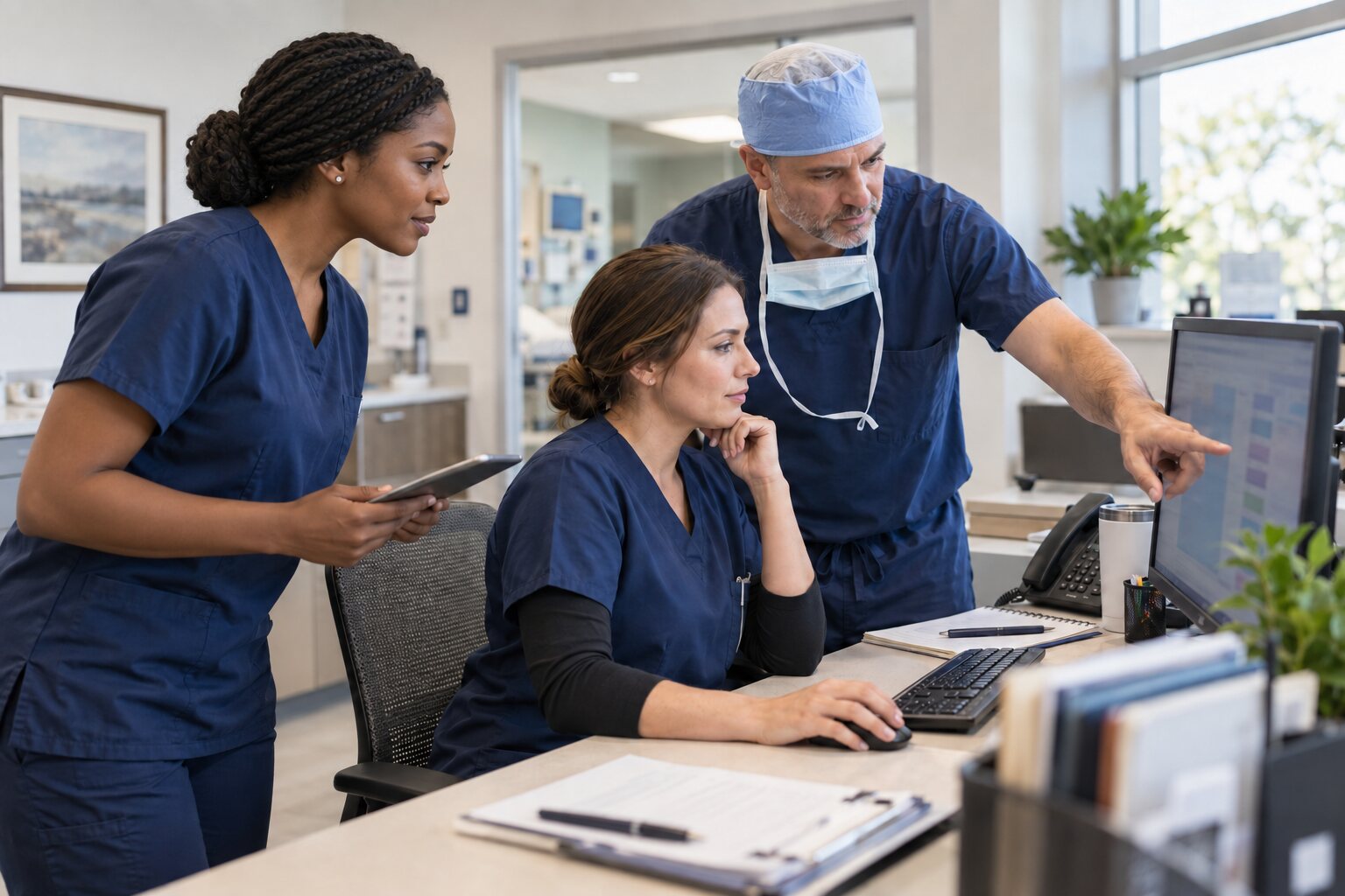 A surgical practice team coordinating a patient's preoperative readiness