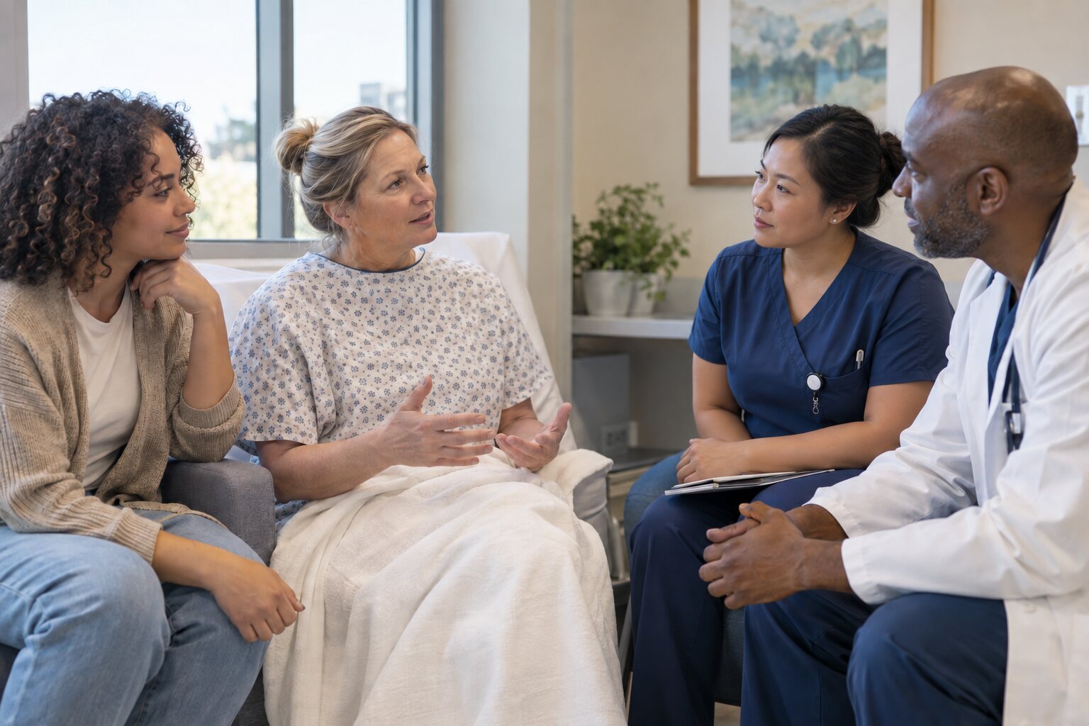 A patient at the center of a conversation with her family and care team
